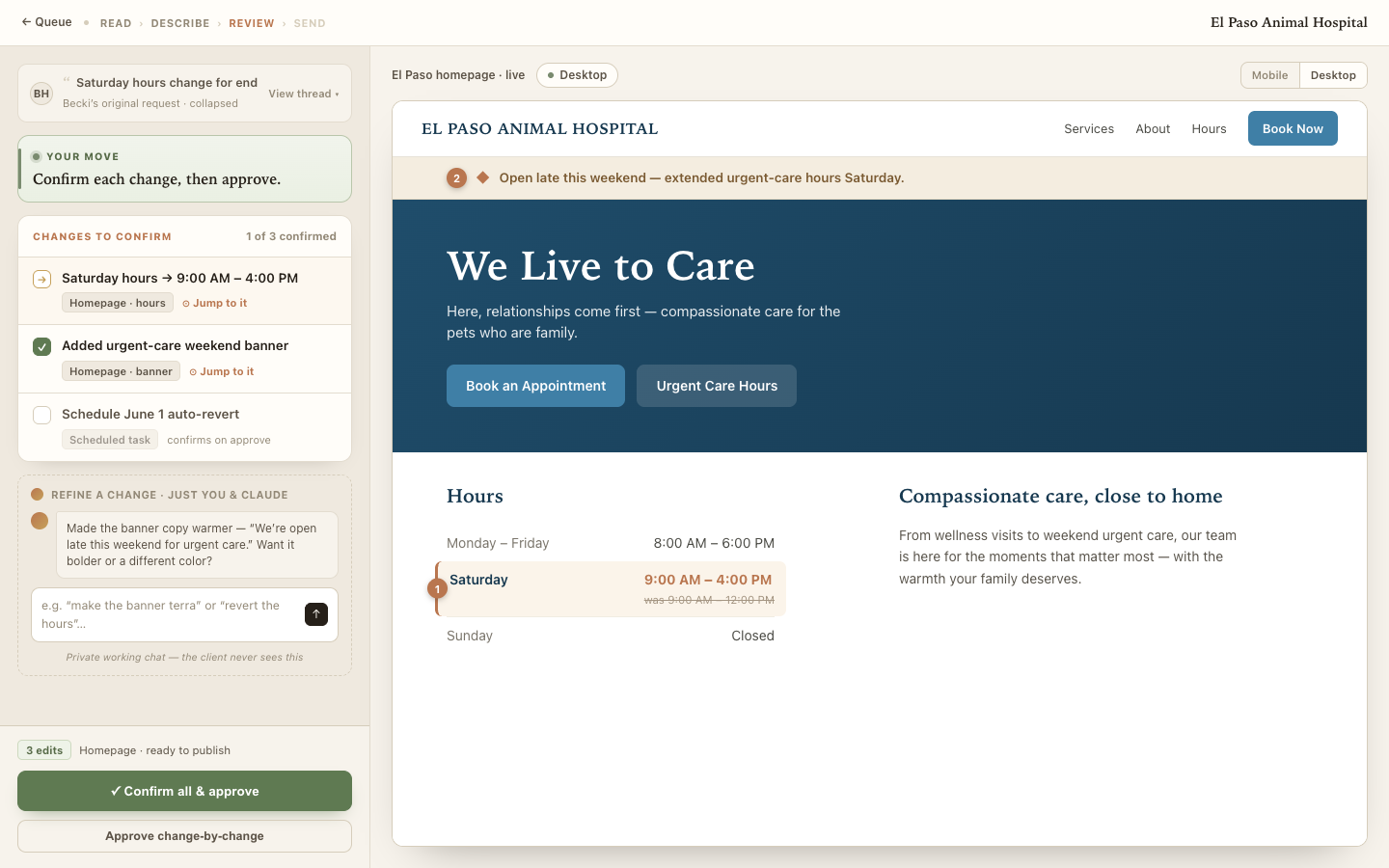 Review phase — changes ledger left, desktop site star