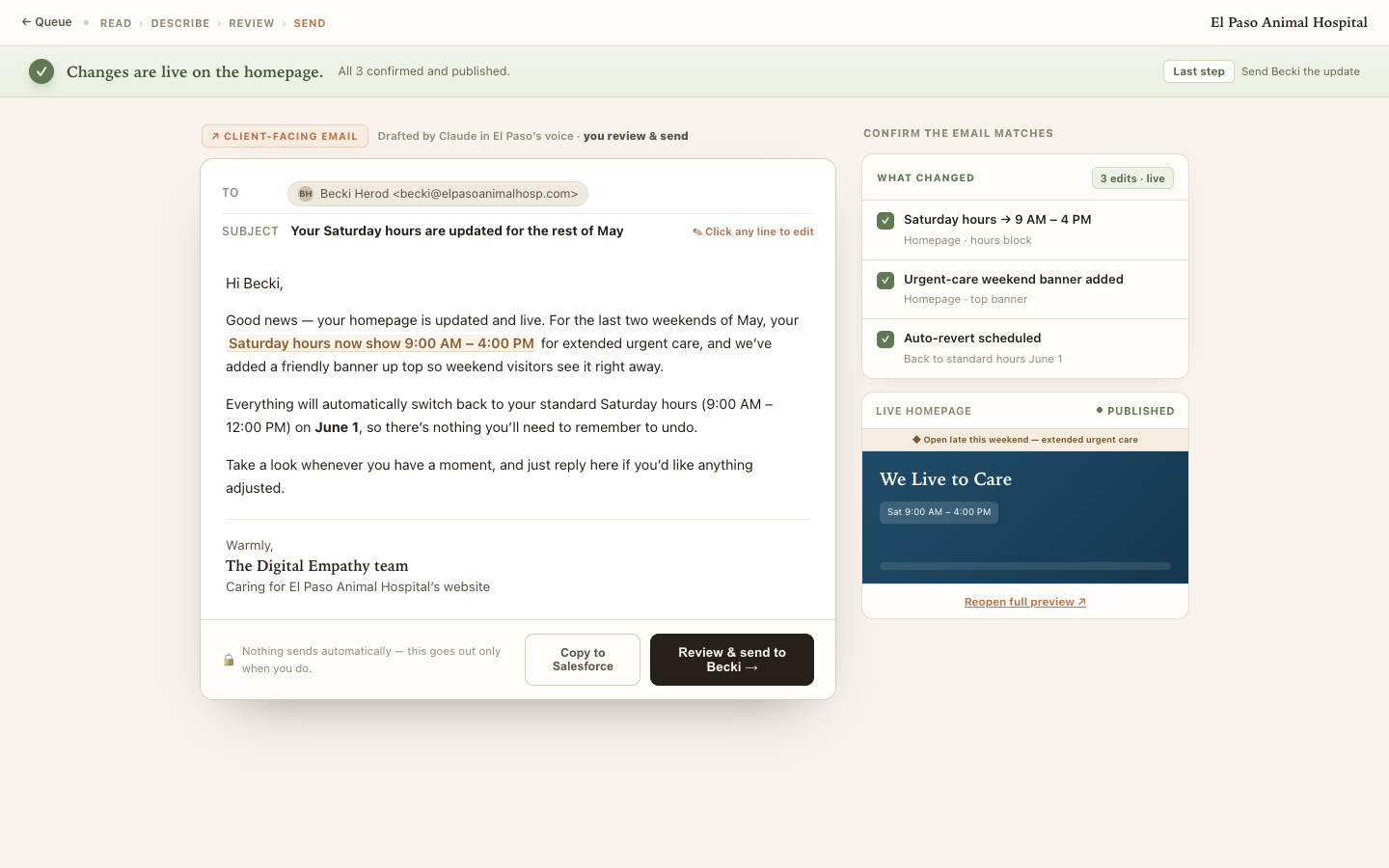 Send surface — proposed client email